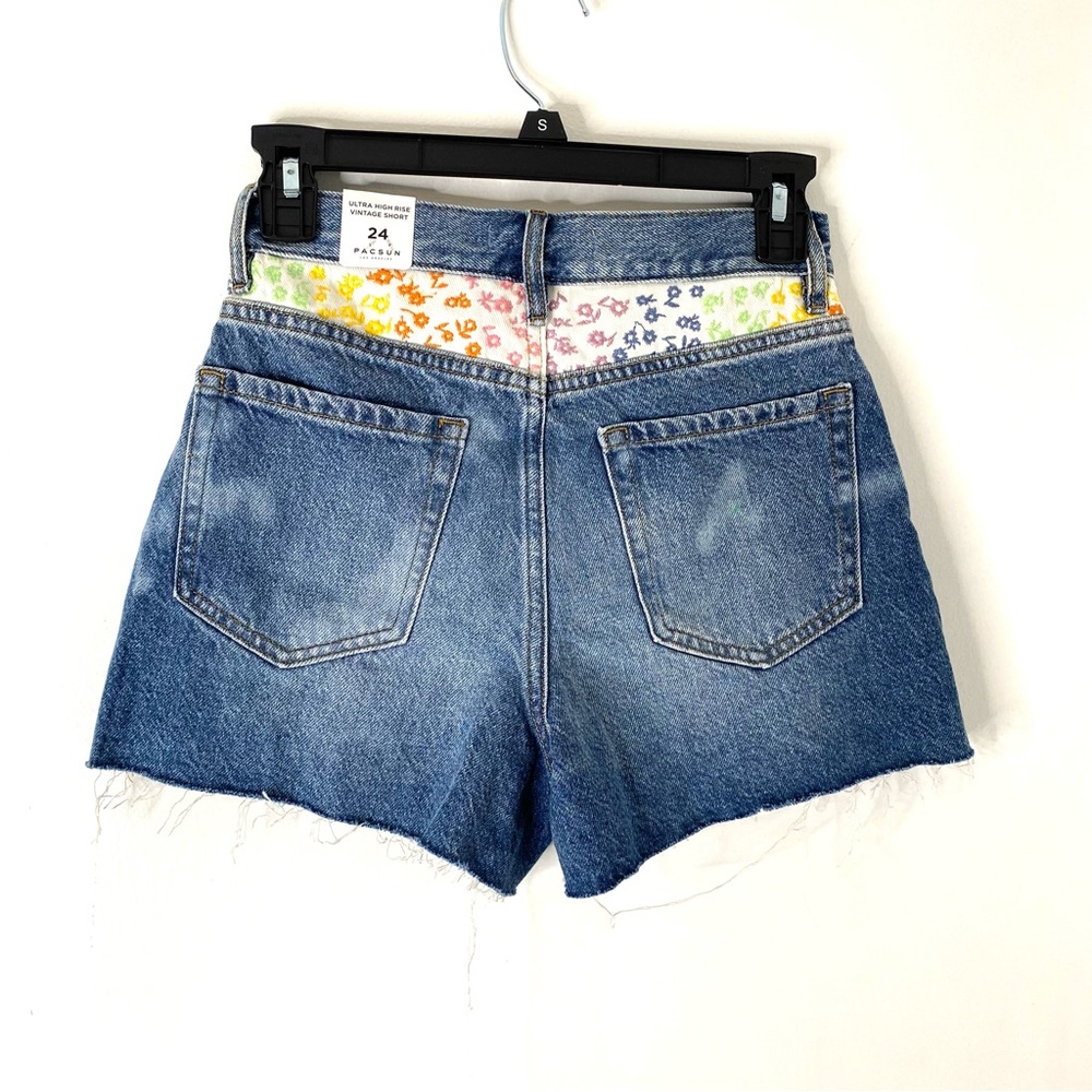 PacSun Ultra High Rise Vintage Rainbow Patchwork Jean Shorts NWT Raw Hem Cotton